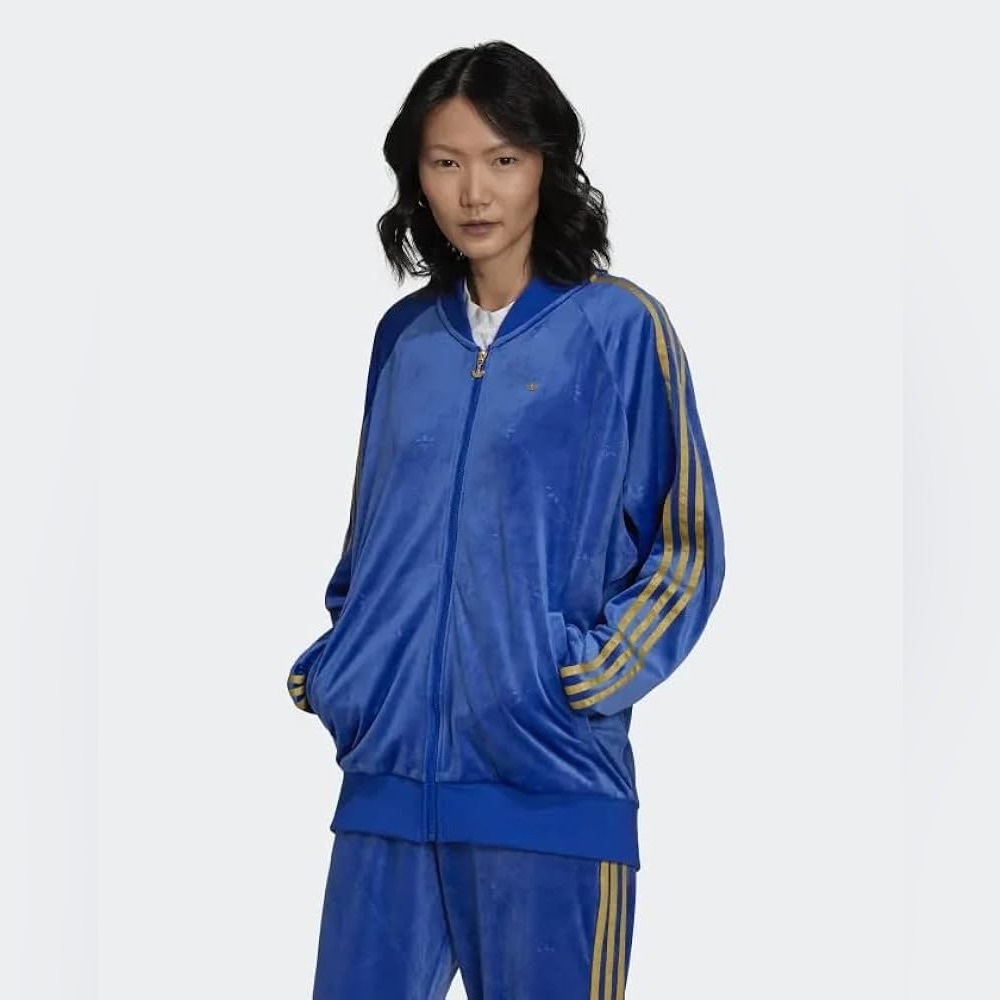 Adidas Blue Track Jacket embossed logo velour w gold stripes & zipper pull
